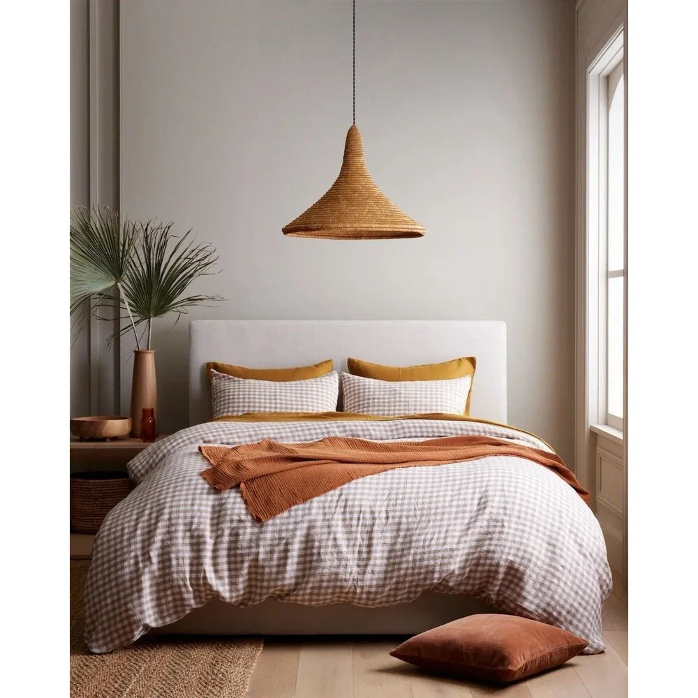 Quince European Linen Gingham Duvet Cover Set Full/Queen Cafe NEW $194